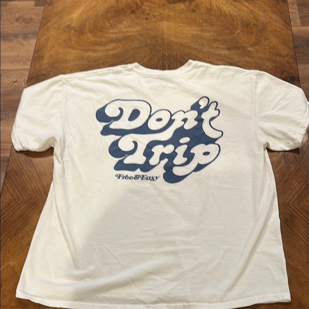 White Tee with Blue 'Don't Trip' Graphic